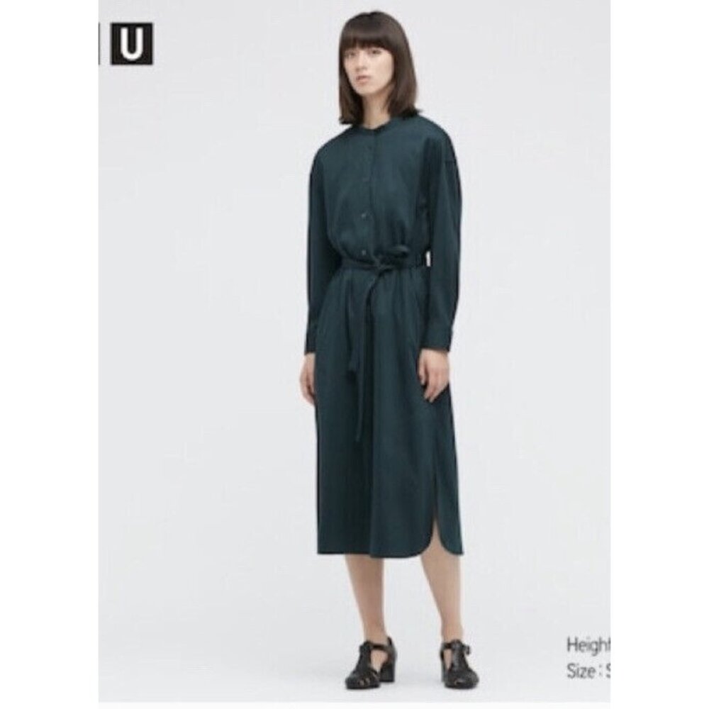 NEW $49 Uniqlo Womens XS Shiny Rayon Long Sleeve Midi Dark Green Shirt Dress